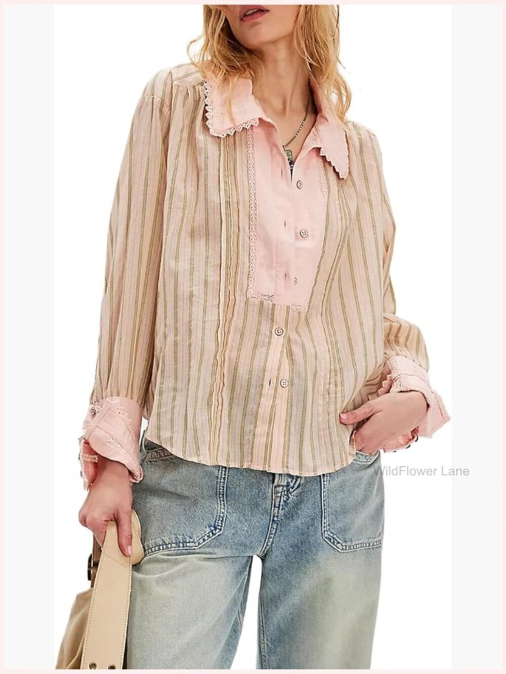 Front Button Down Striped Blouse Long Sleeve Casual Collared Tops with Pockets